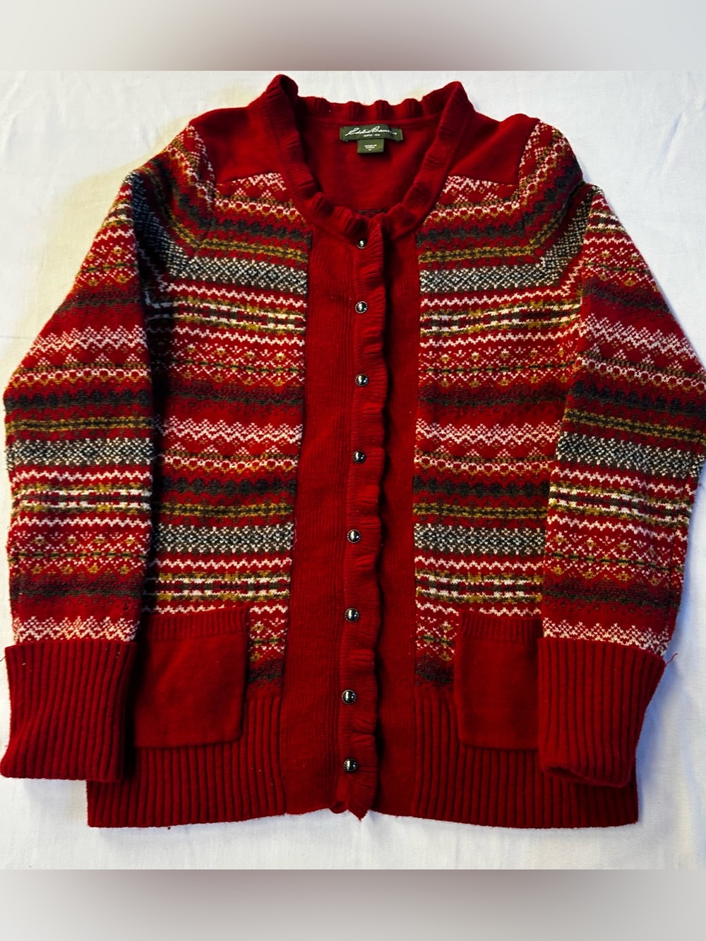 Eddie Bauer Fair Isle Cardigan Sweater Red Lambswool Blend Women's Medium Button